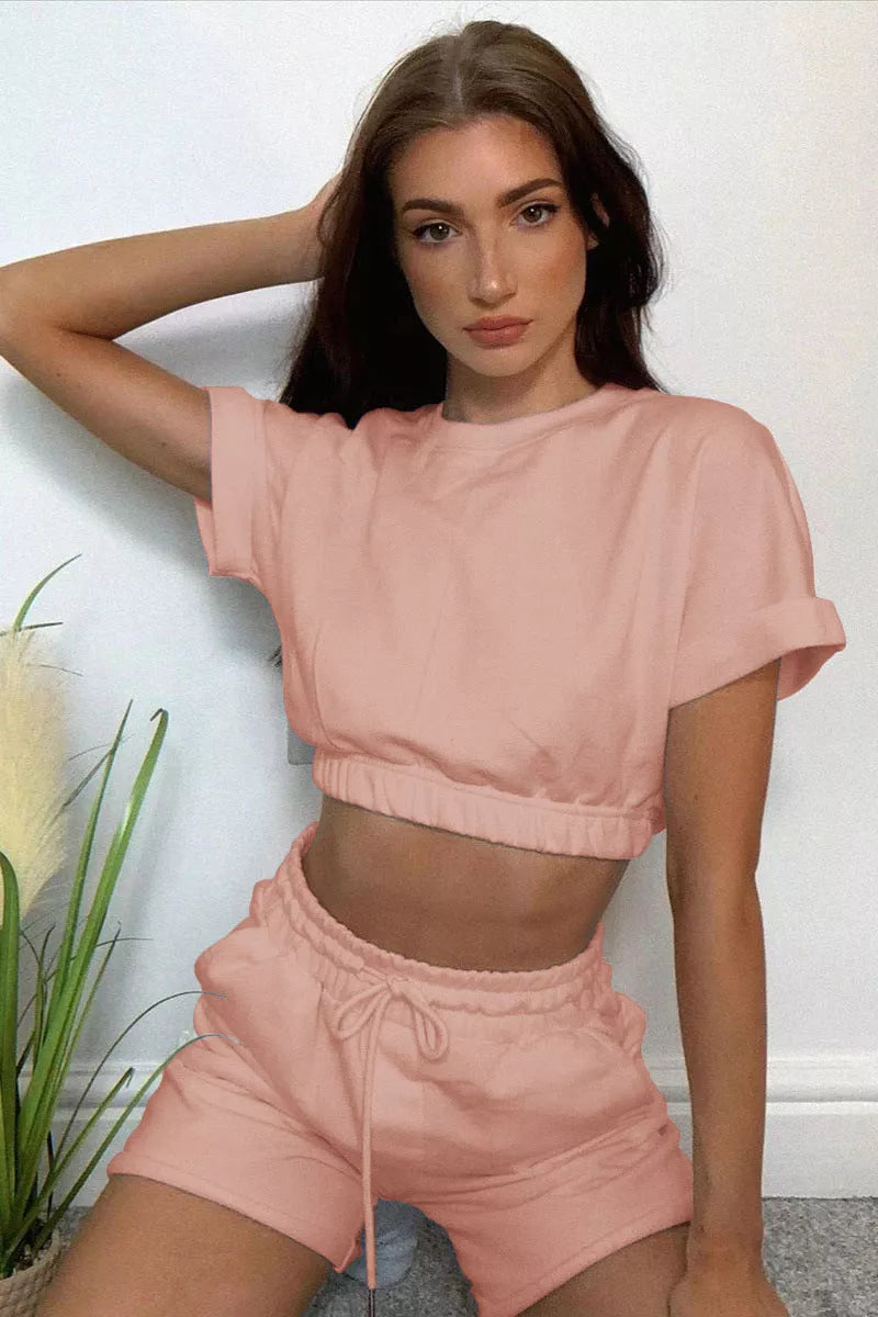 Short Sleeve Cropped Top and Drawstring Shorts Lounge Set - 3IN SMART Shop  #