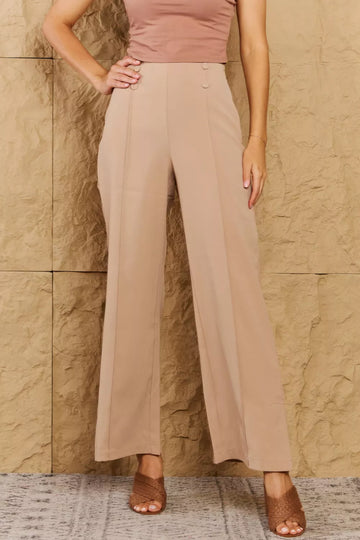 High Waist Pintuck Straight Leg Pants in Camel - 3IN SMART Shop  #