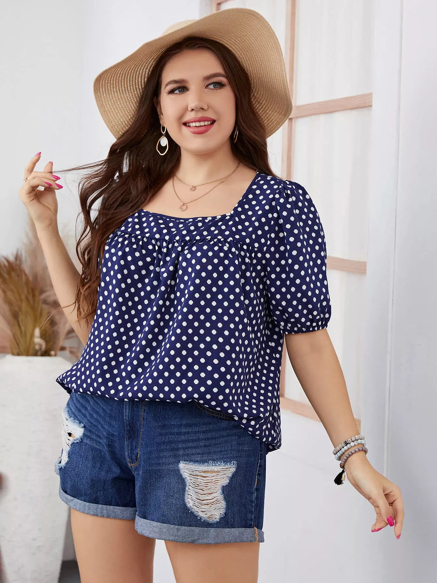 Plus Size Polka Dot Square Neck Blouse - 3IN SMART Shop  #