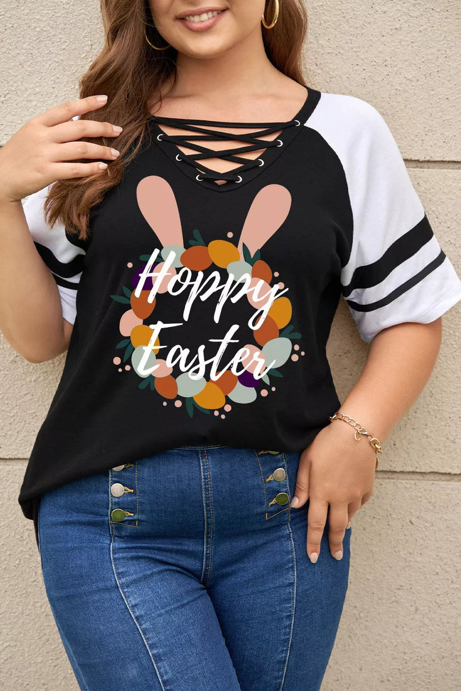 Plus Size HOPPY EASTER Graphic Crisscross V-Neck Tee Shirt - 3IN SMART Shop  #