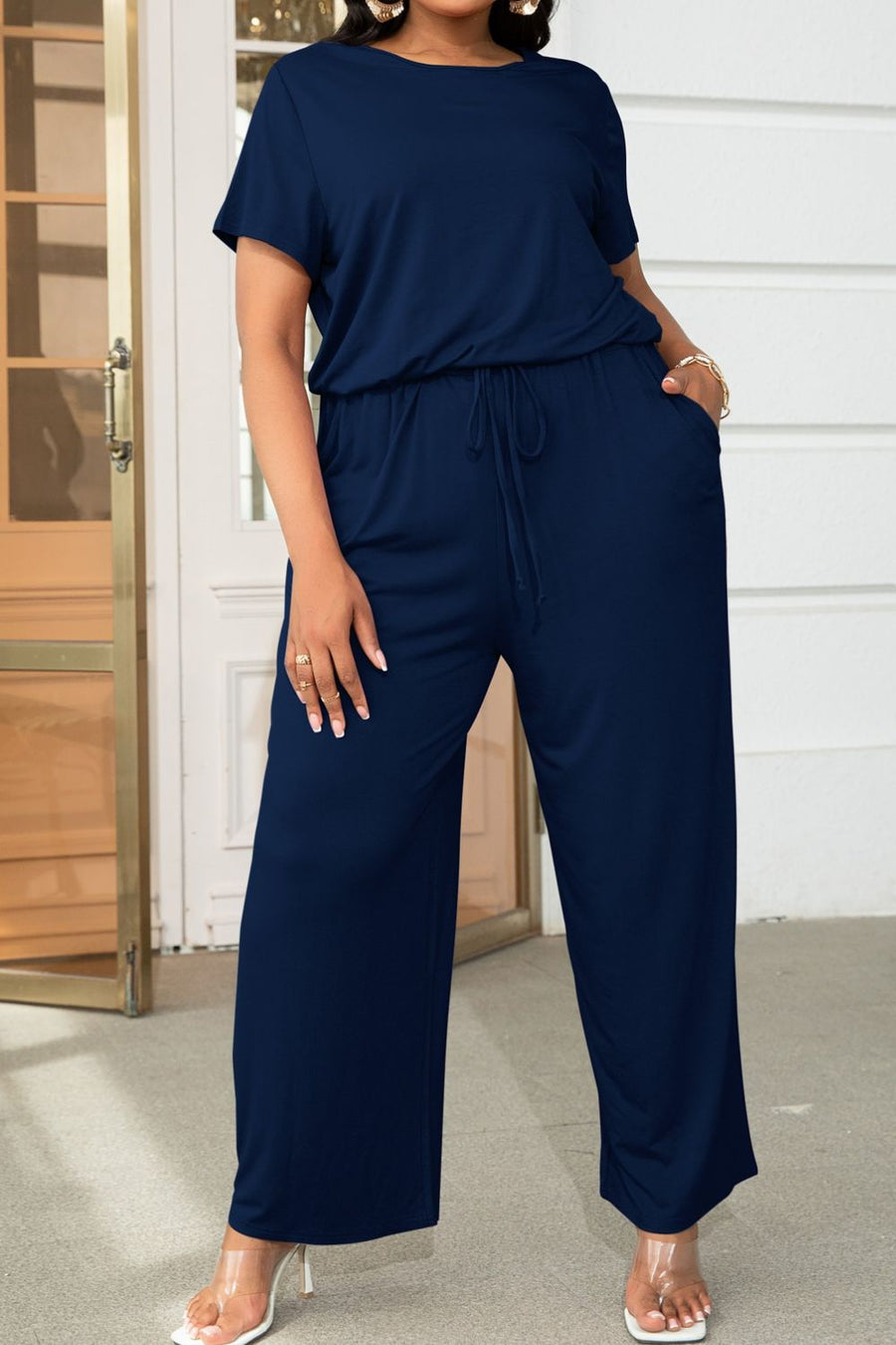 Plus Size Drawstring Waist Short Sleeve Jumpsuit - 3IN SMART Shop  #