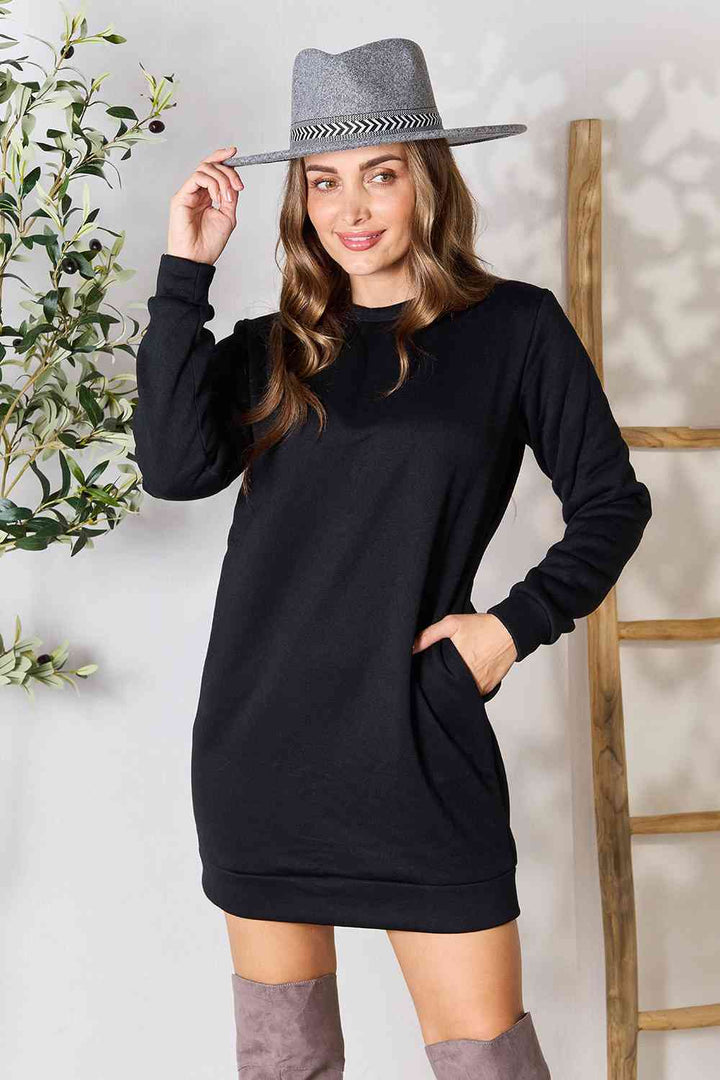 Double Take Round Neck Long Sleeve Mini Dress with Pockets - 3IN SMART Shop  #
