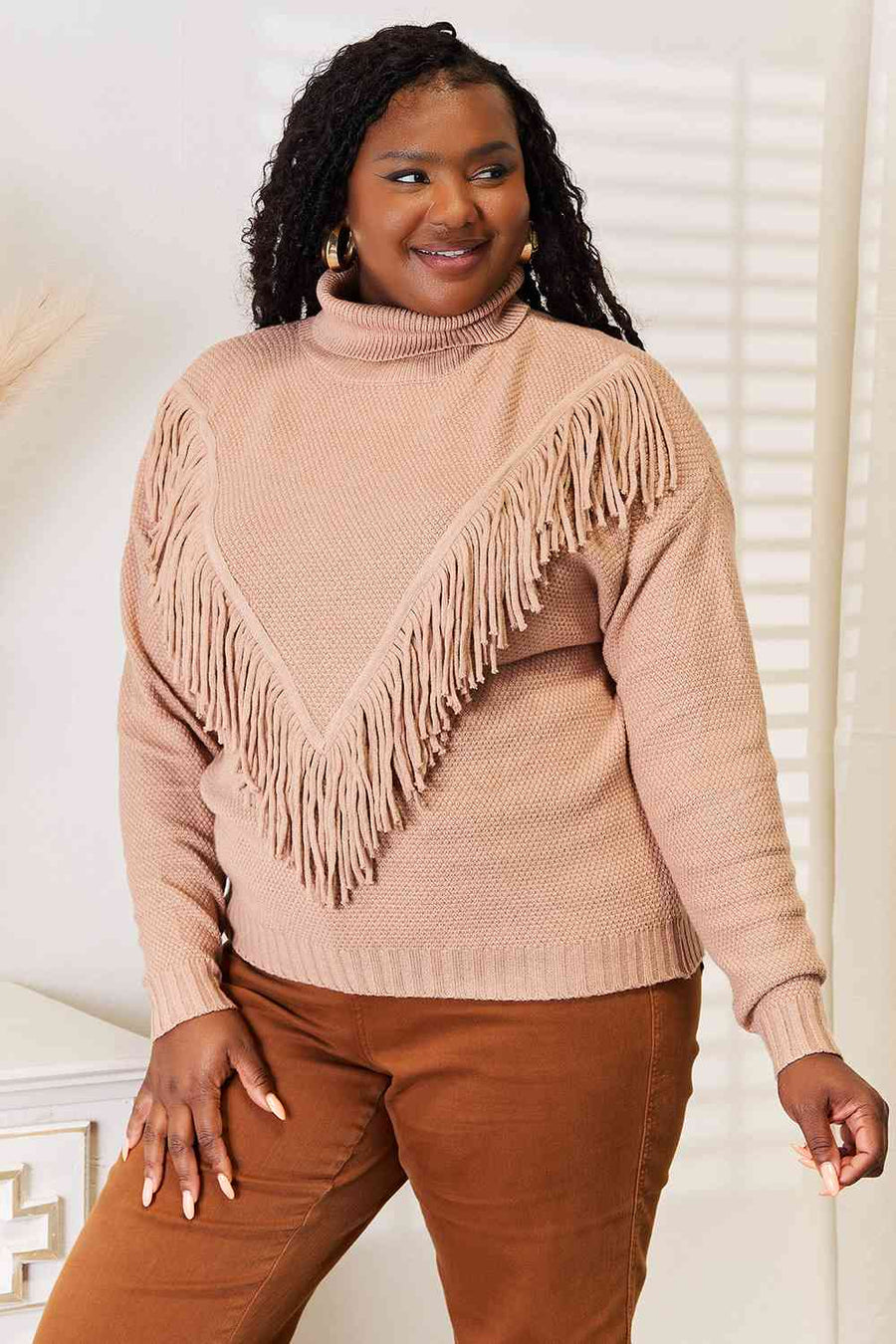 Woven Right Turtleneck Fringe Front Long Sleeve Sweater - 3IN SMART Shop  #