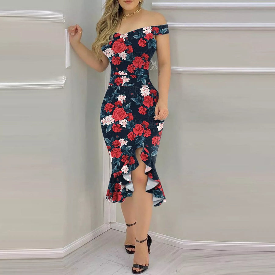 Ruffle Floral Print Hem Slit Dress - 3IN SMART Shop  #