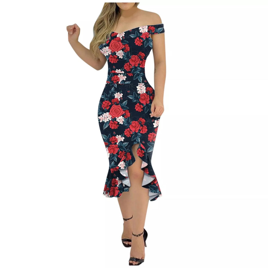 Ruffle Floral Print Hem Slit Dress - 3IN SMART Shop  #