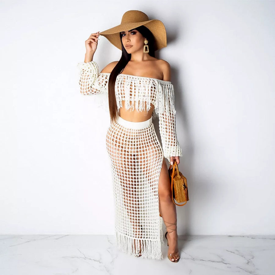 Set Mesh Sexy Women Skirt Set Long Sleeve