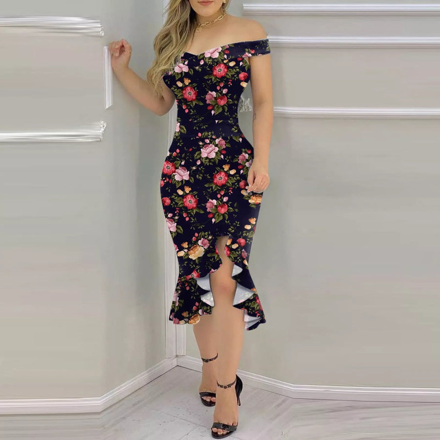 Ruffle Floral Print Hem Slit Dress - 3IN SMART Shop  #