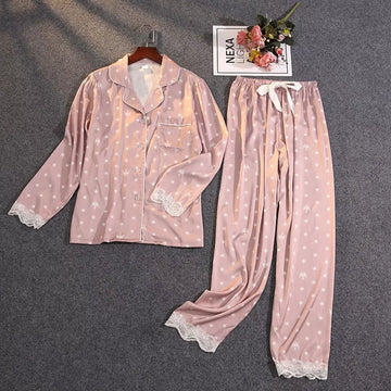 Suit Pajamas Silk Satin Thin Print Lace - 3IN SMART Shop  #