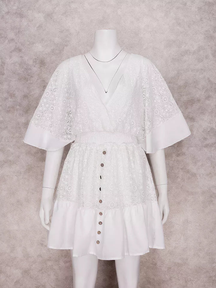 White Lace Ruffles Long Sleeves Mini Dress - 3IN SMART Shop  #