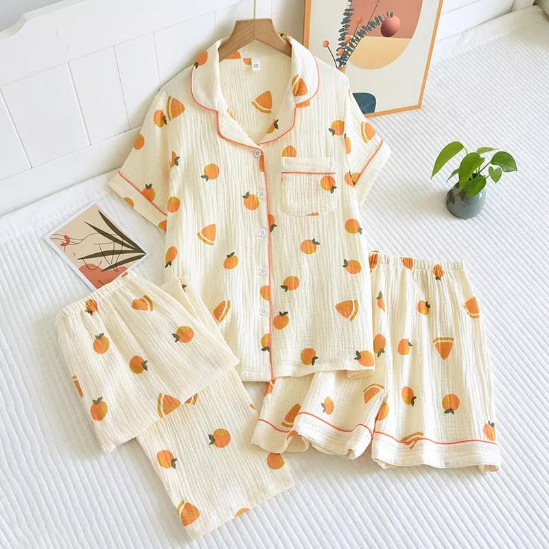 Cotton crepe three-piece pajamas - 3IN SMART Shop  #