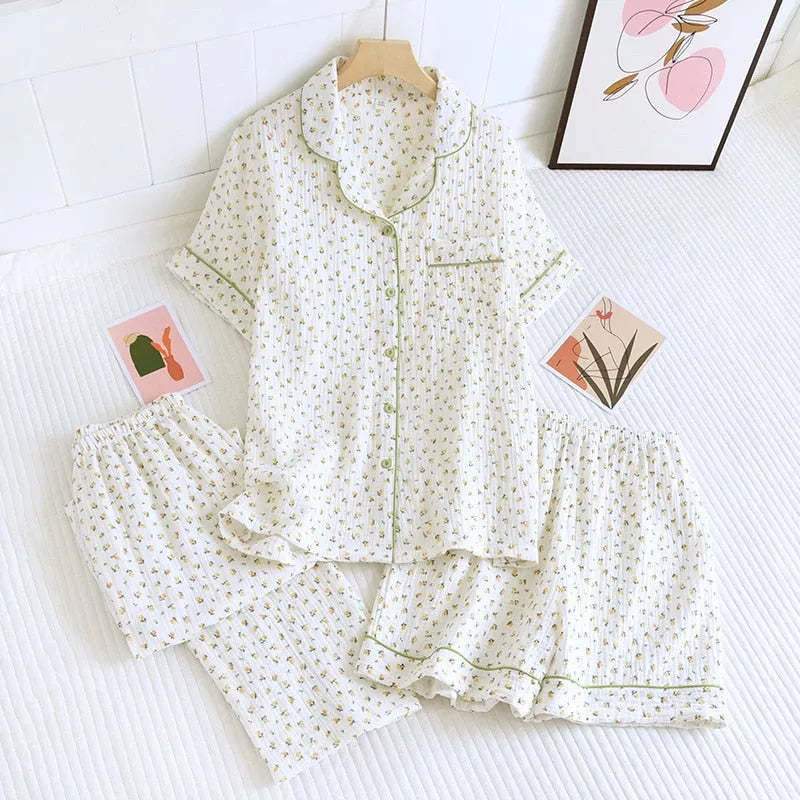 Cotton crepe three-piece pajamas - 3IN SMART Shop  #