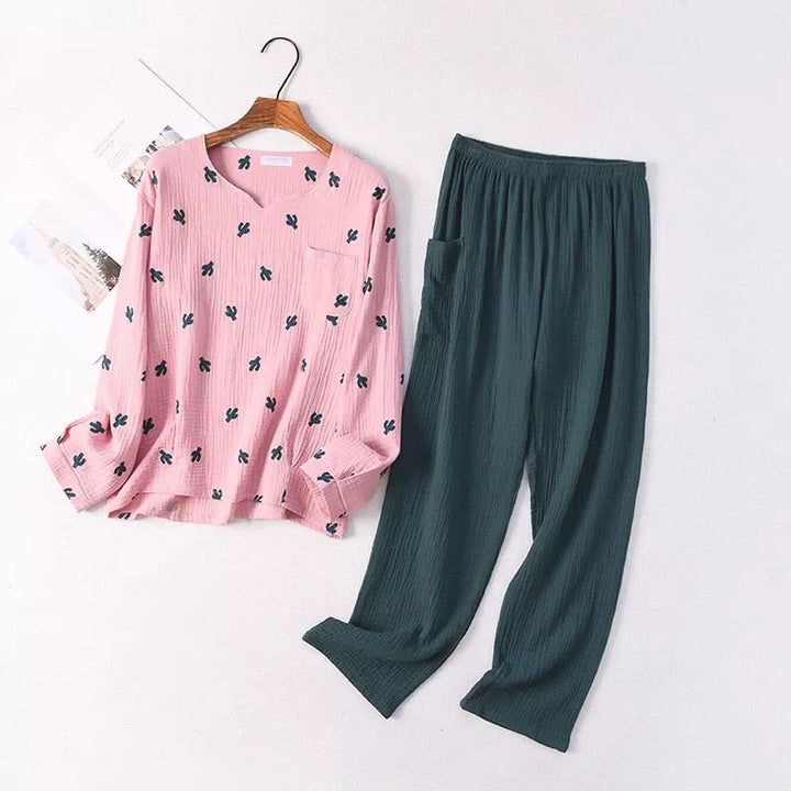 cotton crepe long-sleeved trousers pajamas - 3IN SMART Shop  #