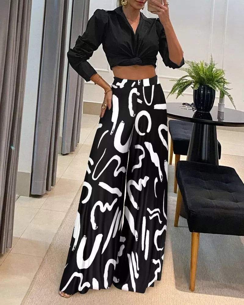 Two Piece Sets Trendy Casual High Waist Wide Leg Pants Suit - 3IN SMART Shop  #