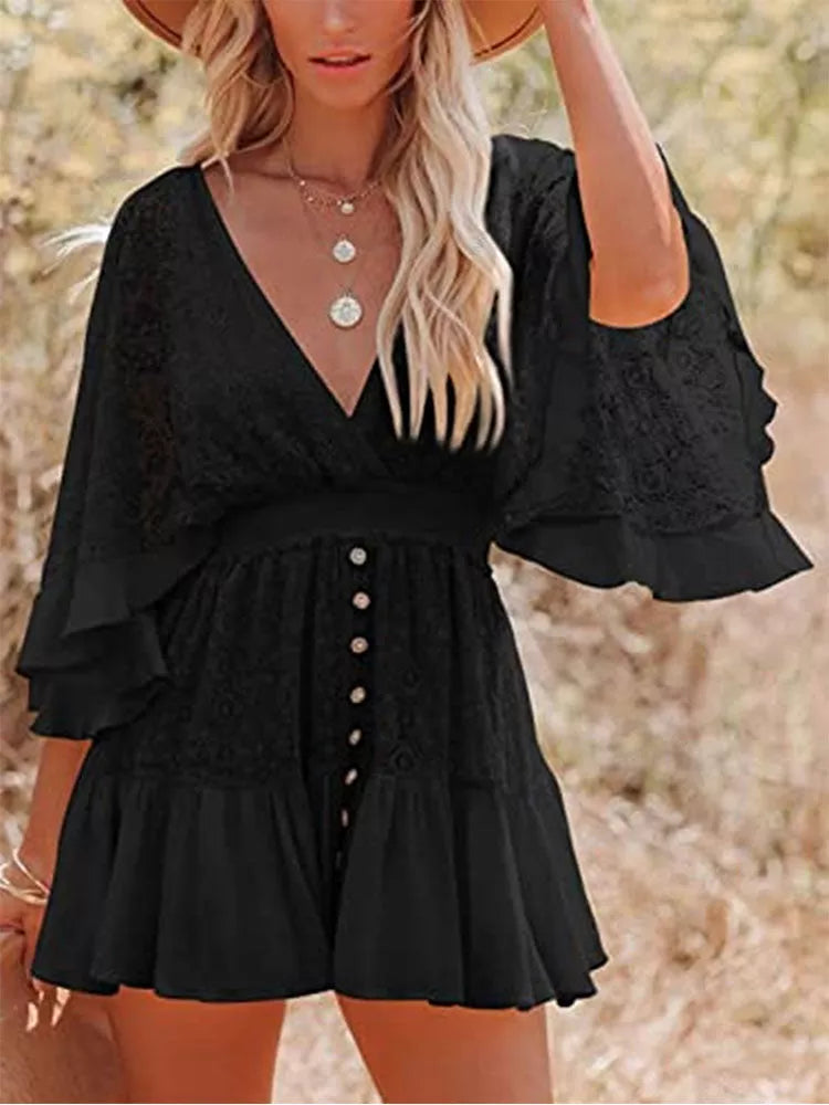 White Lace Ruffles Long Sleeves Mini Dress - 3IN SMART Shop  #