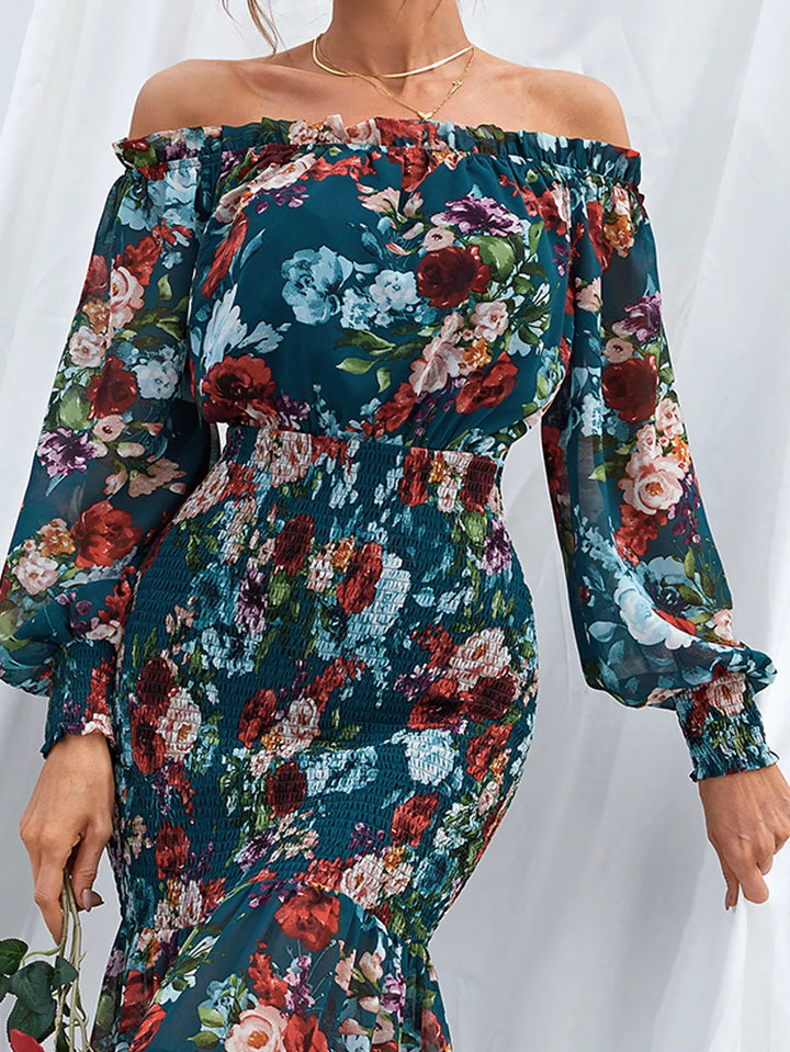 Floral Print Off-Shoulder Sleeve Shirred Ruffle Dress - 3IN SMART Shop  #