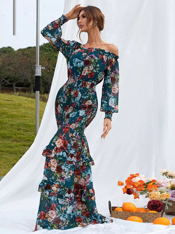 Floral Print Off-Shoulder Sleeve Shirred Ruffle Dress - 3IN SMART Shop  #