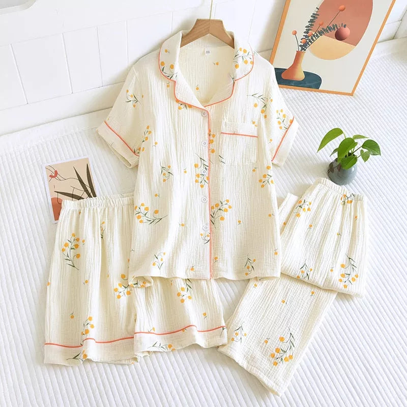 Cotton crepe three-piece pajamas - 3IN SMART Shop  #