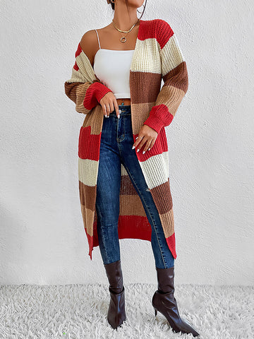 Color Block Open Front Longline Cardigan - 3IN SMART Shop  #