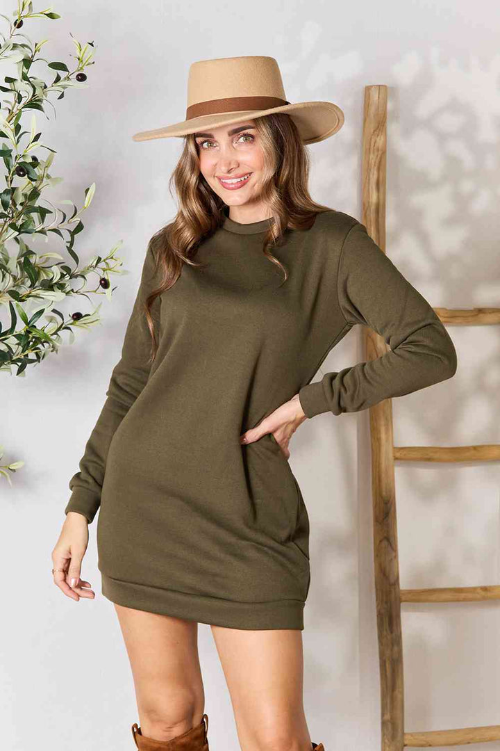 Double Take Round Neck Long Sleeve Mini Dress with Pockets - 3IN SMART Shop  #