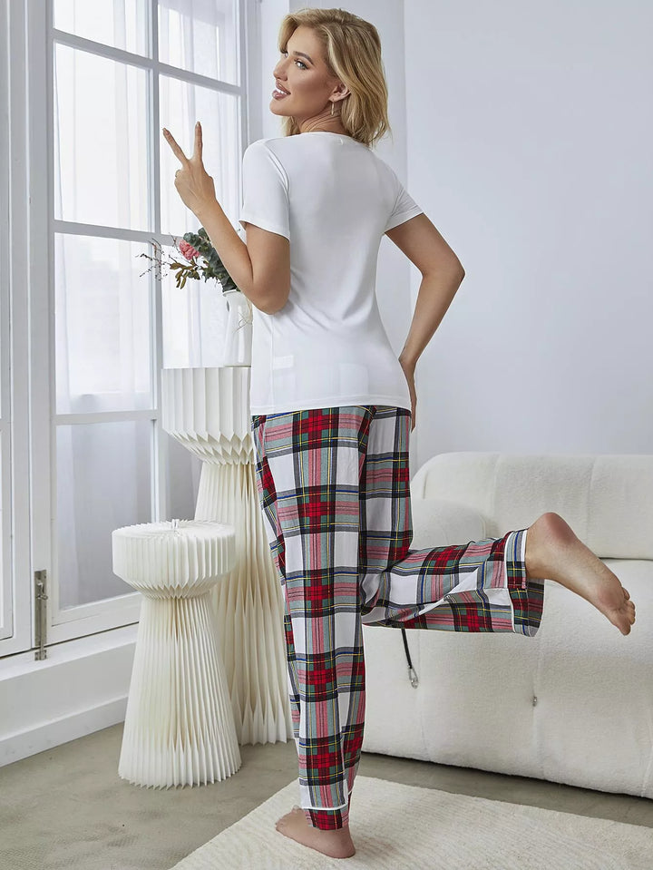 V-Neck Tee and Plaid Pants Lounge Set - 3IN SMART Shop  #
