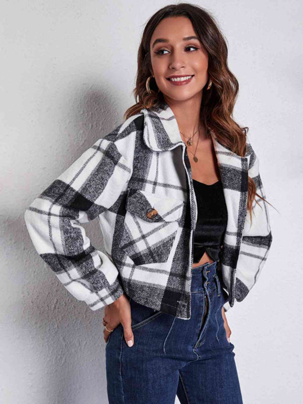 Plaid Button Front Jacket with pockets - 3IN SMART Shop  #