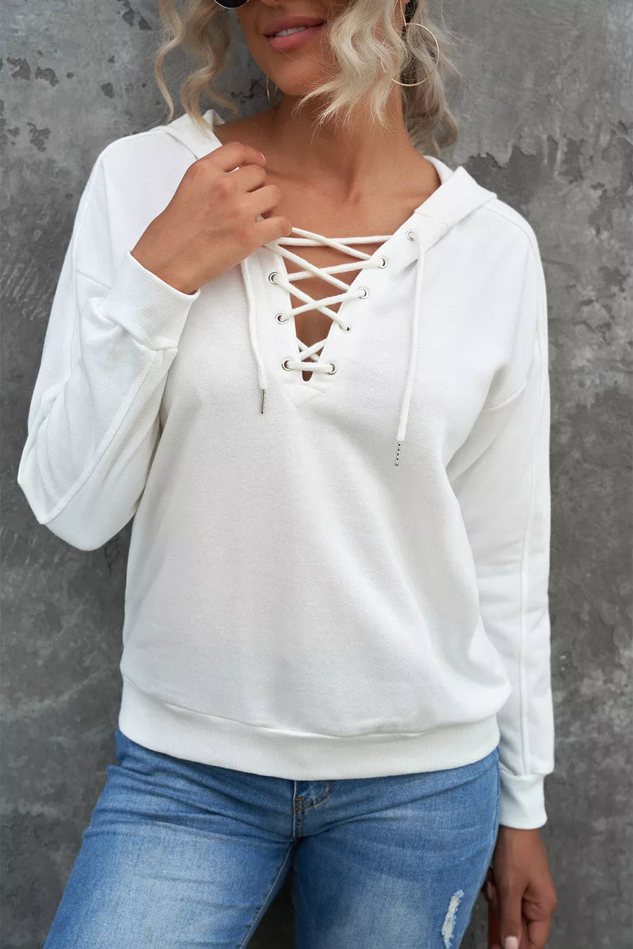 Lace-Up Dropped Shoulder Hoodie - 3IN SMART Shop  #