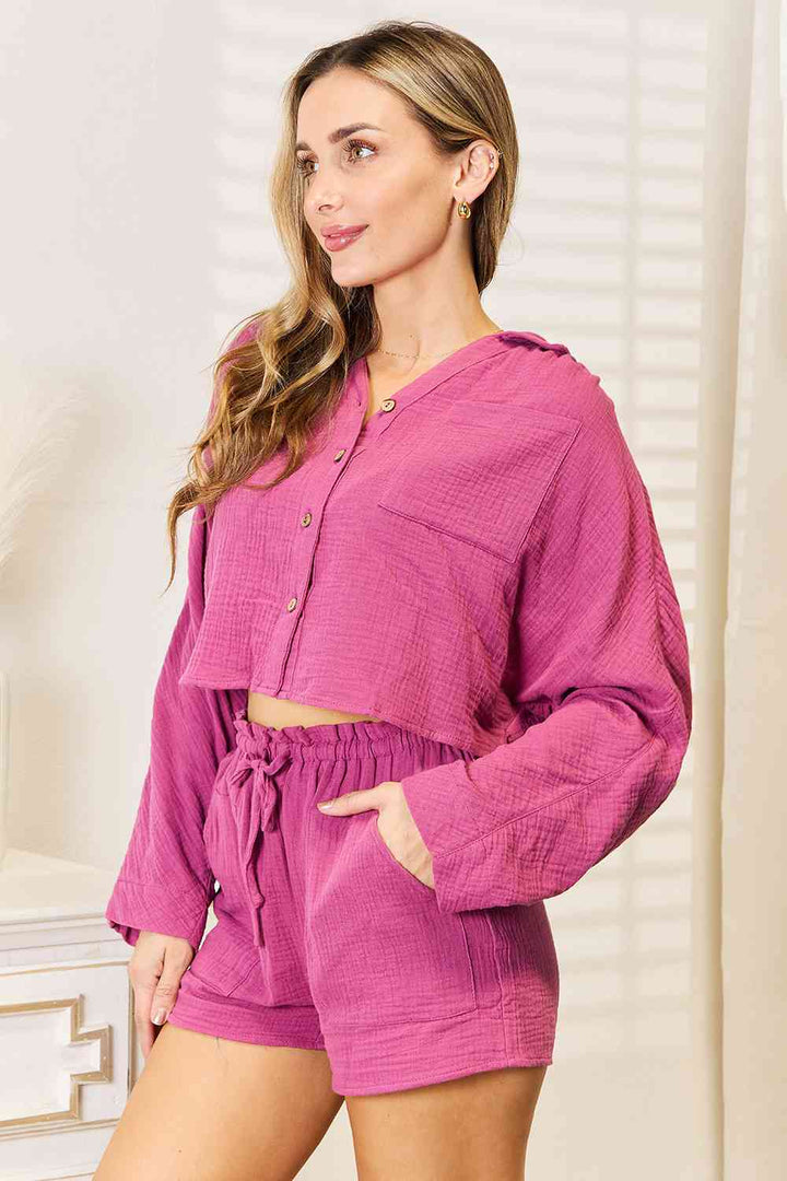Basic Bae Buttoned Long Sleeve Top and Shorts Set - 3IN SMART Shop  #