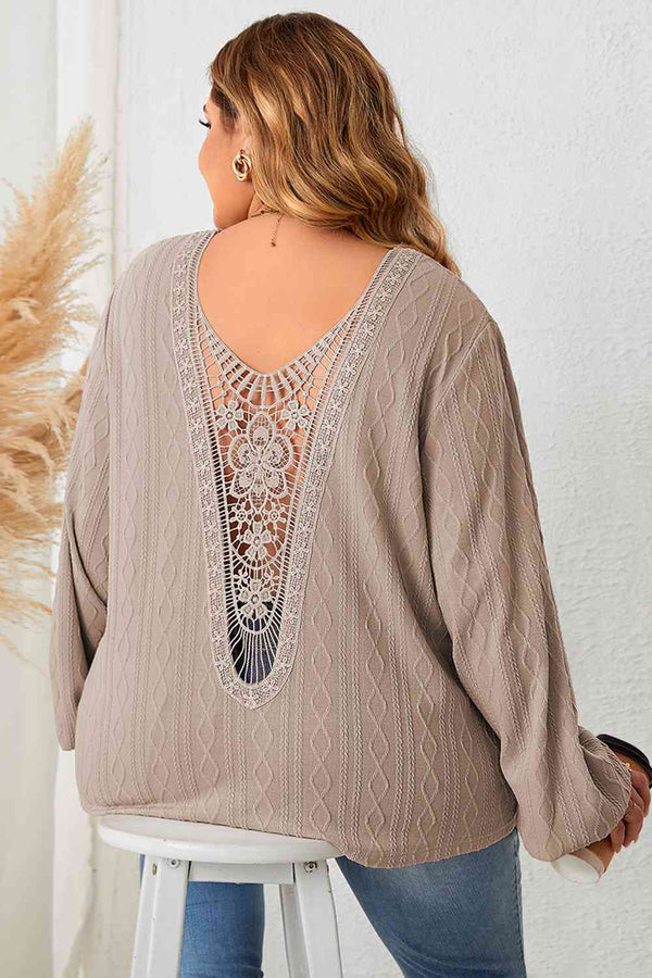 Plus Size Lace Detail V-Neck Long Sleeve Blouse - 3IN SMART Shop  #