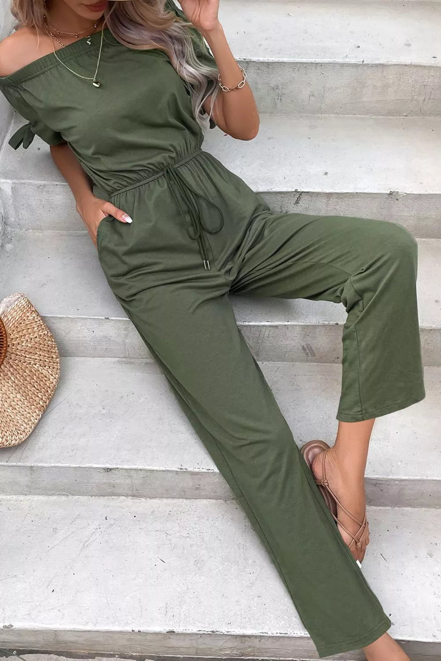 Off-Shoulder Tie Cuff Jumpsuit with Pockets - 3IN SMART Shop  #