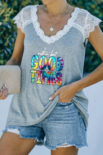 Lace Trim V-Neck NOTHIN BUT GOOD TIMES Graphic Tee - 3IN SMART Shop  #