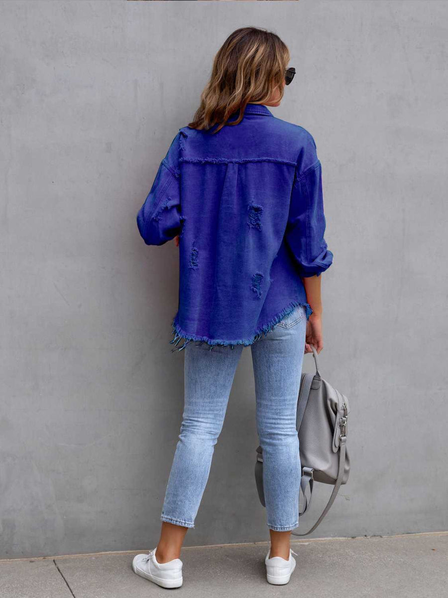 Distressed Drop Shoulder Denim Jacket - 3IN SMART Shop  #