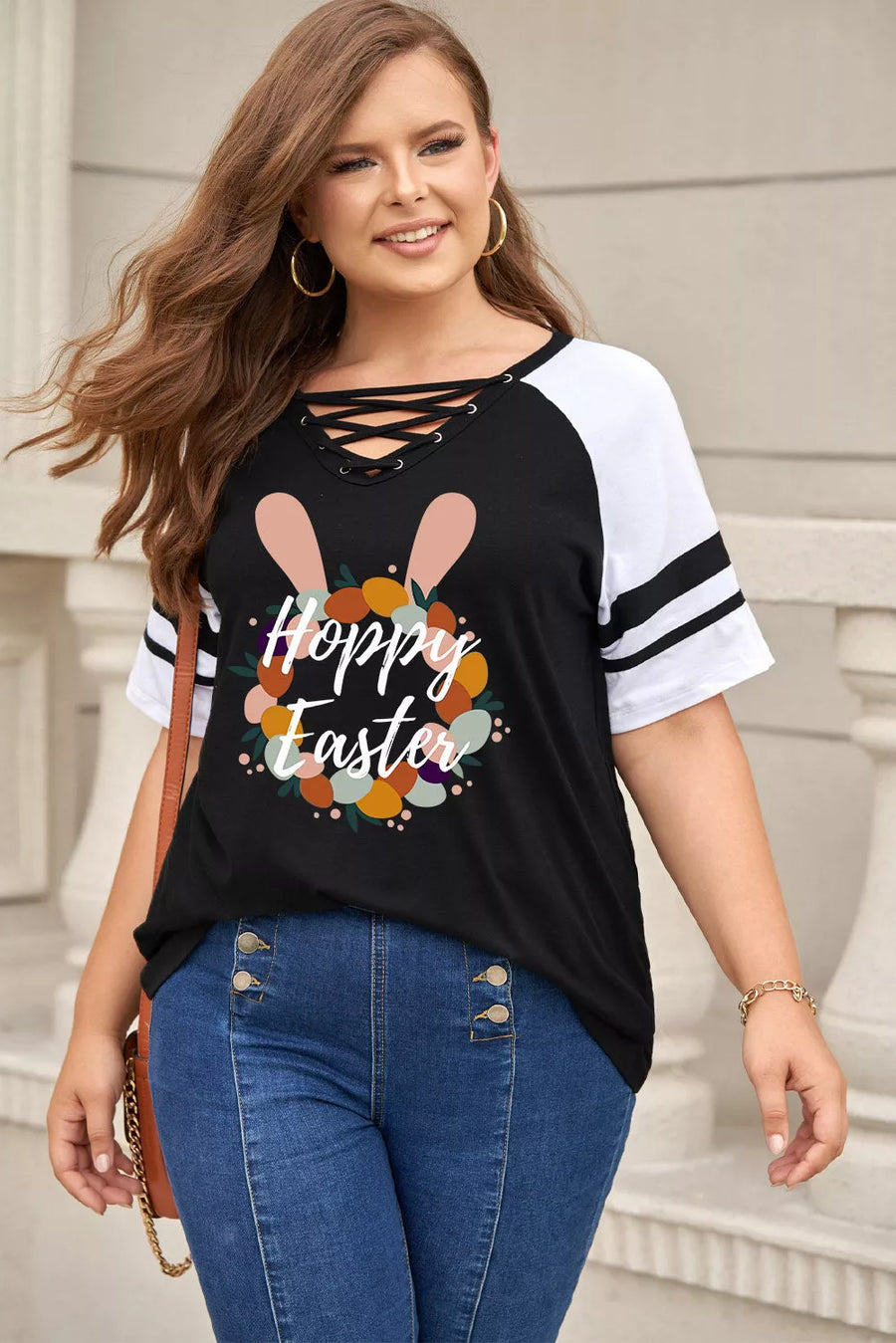 Plus Size HOPPY EASTER Graphic Crisscross V-Neck Tee Shirt - 3IN SMART Shop  #