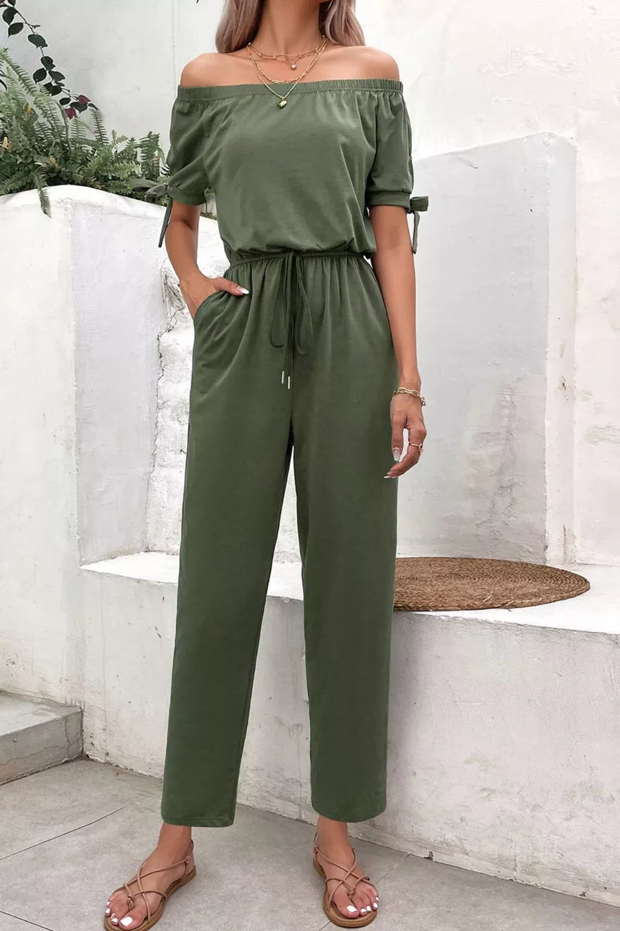 Off-Shoulder Tie Cuff Jumpsuit with Pockets - 3IN SMART Shop  #