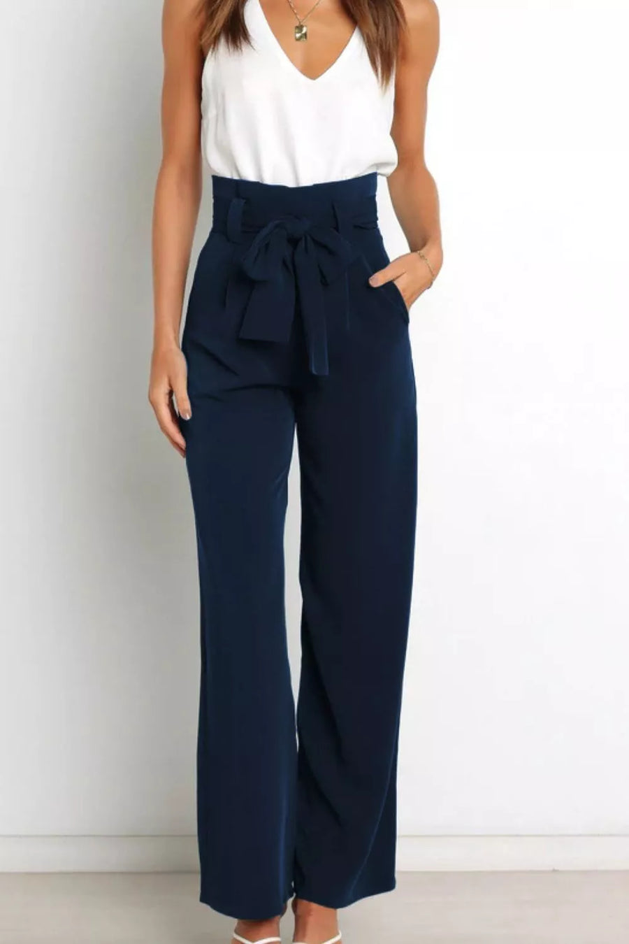 Tie Front Paperbag Wide Leg Pants - 3IN SMART Shop  #