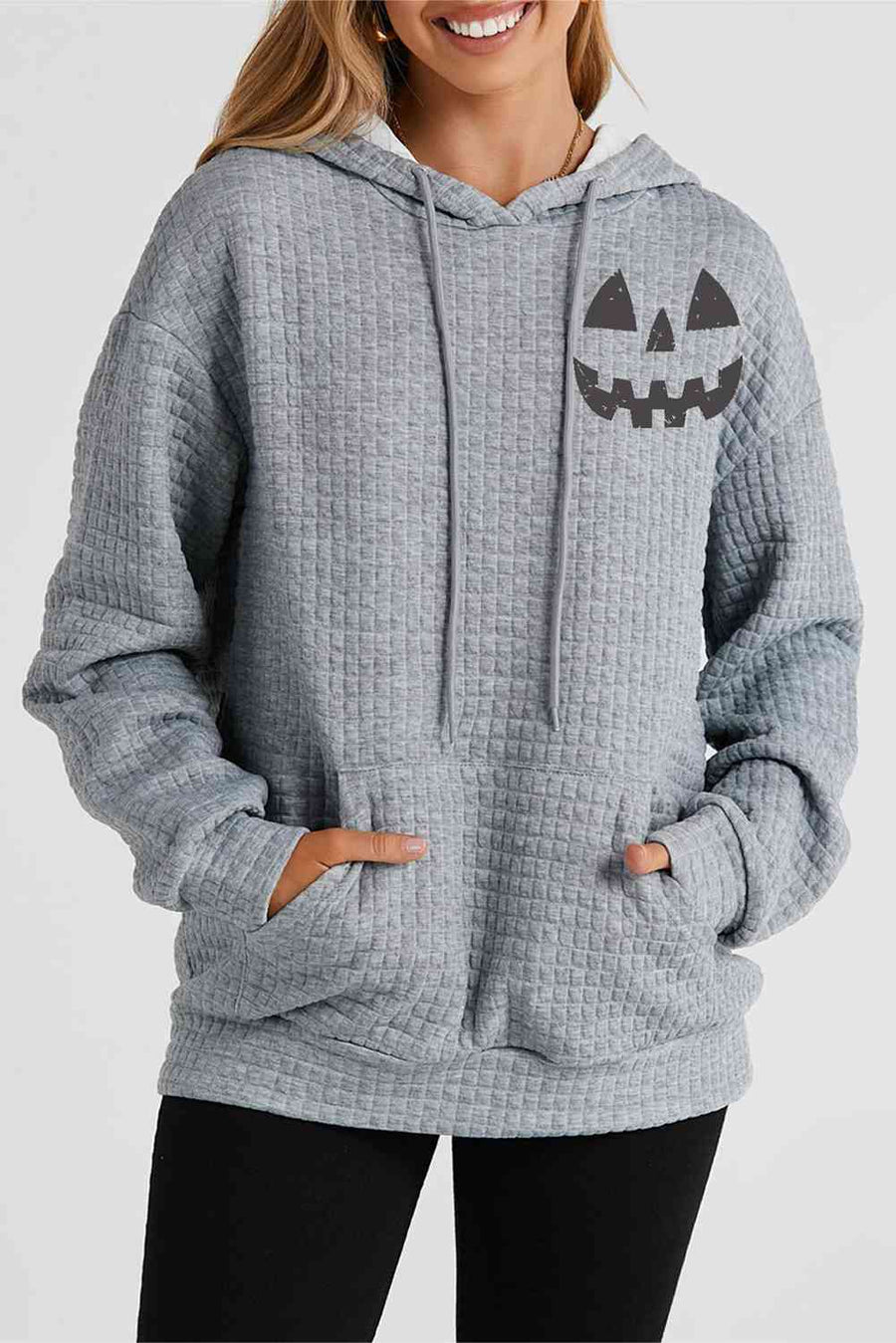 Pumpkin Face Graphic Drawstring Hoodie with Pocket - 3IN SMART Shop  #