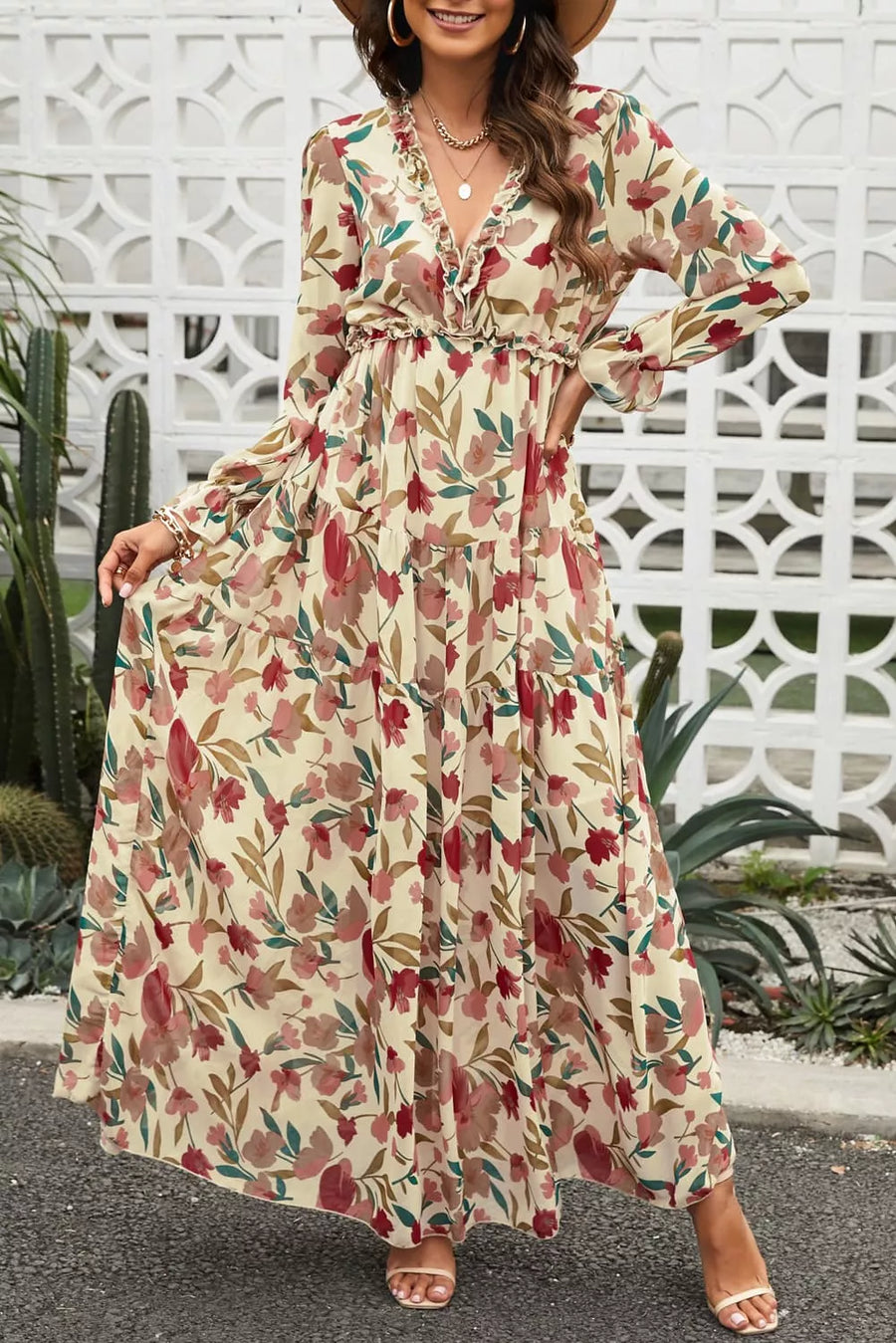 Floral Frill Trim Flounce Sleeve Plunge Maxi Dress - 3IN SMART Shop  #