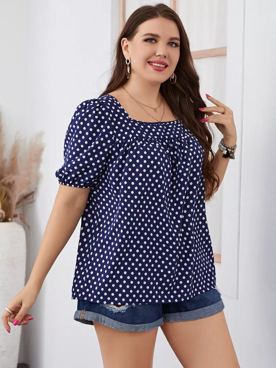 Plus Size Polka Dot Square Neck Blouse - 3IN SMART Shop  #