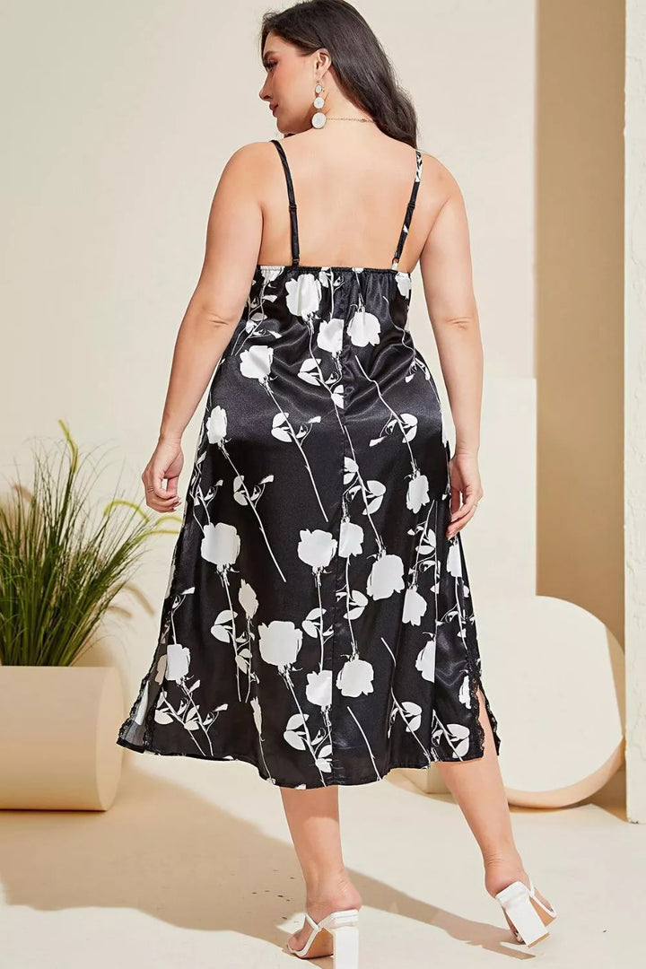 Plus Size Floral Lace Trim Side Slit Night Dress - 3IN SMART Shop  #