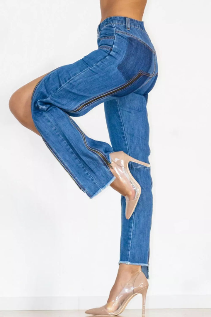 Zip Detail Slit Long Jeans - 3IN SMART Shop  #