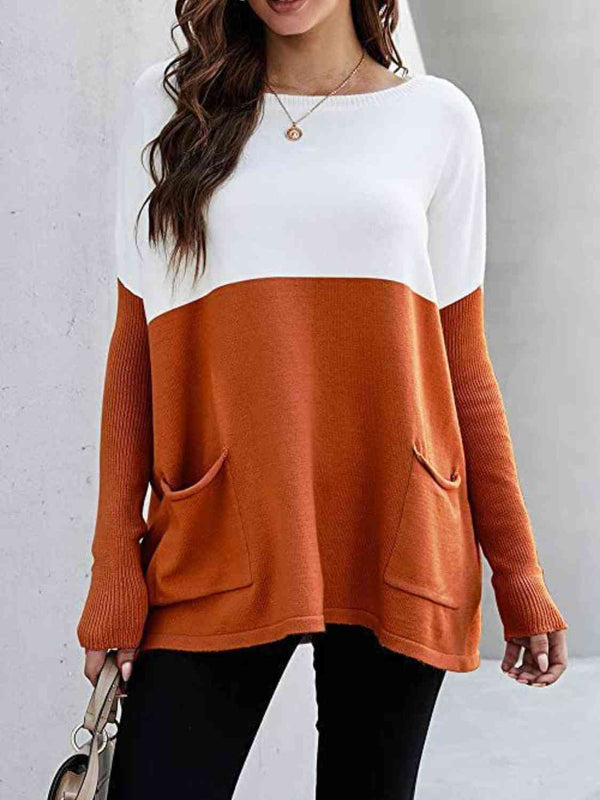 Two Tone Pullover Sweater with Pockets - 3IN SMART Shop  #