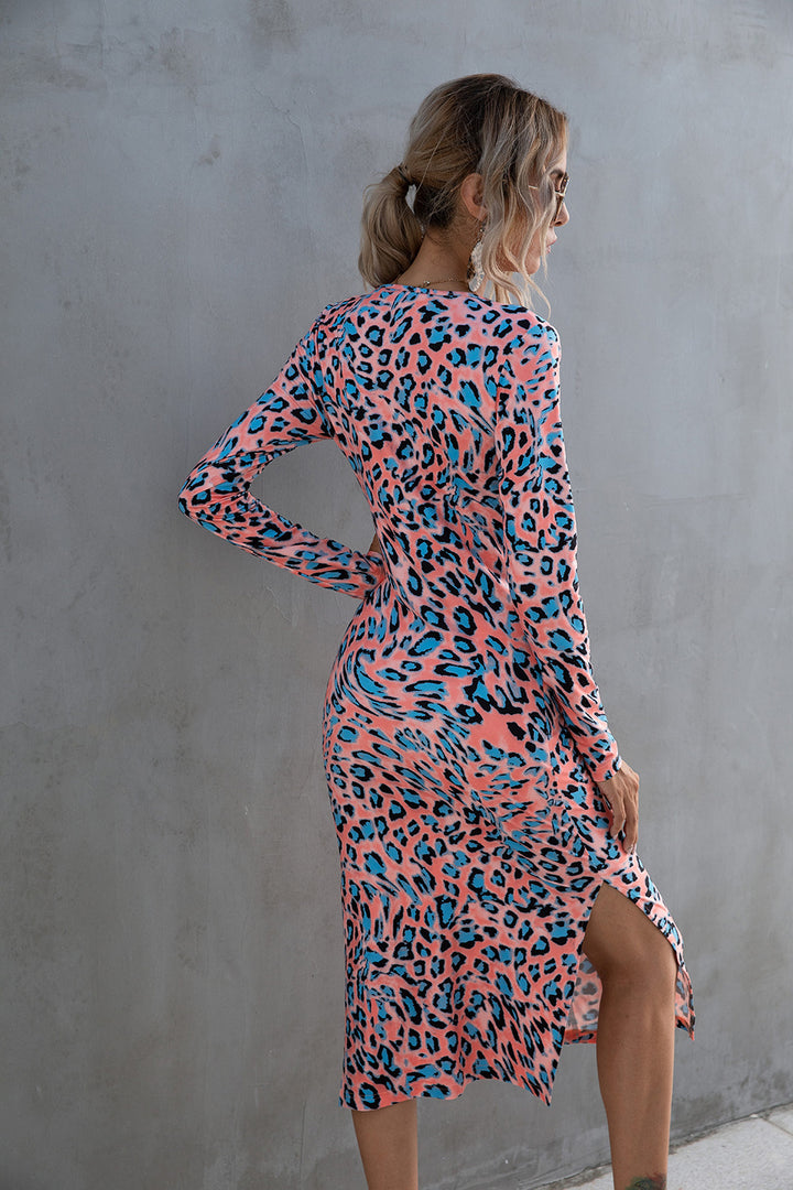 Leopard Twisted Slit Long Sleeve Dress - 3IN SMART Shop  #