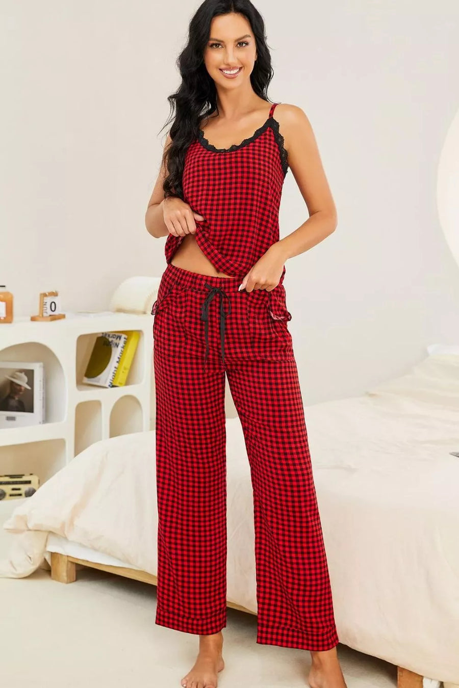 Plaid Lace Drawstring Pants Pajama Set - 3IN SMART Shop  #