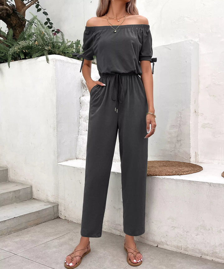 Off-Shoulder Tie Cuff Jumpsuit with Pockets - 3IN SMART Shop  #