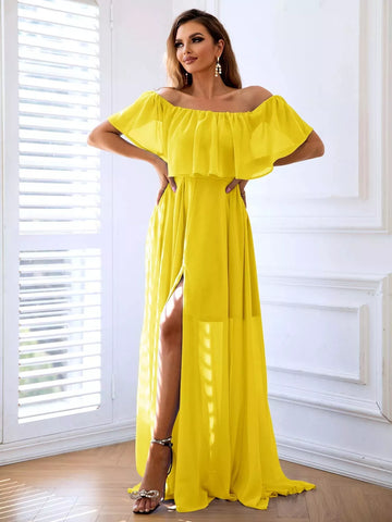 Off-Shoulder Layered Split Maxi Dress - 3IN SMART Shop  #