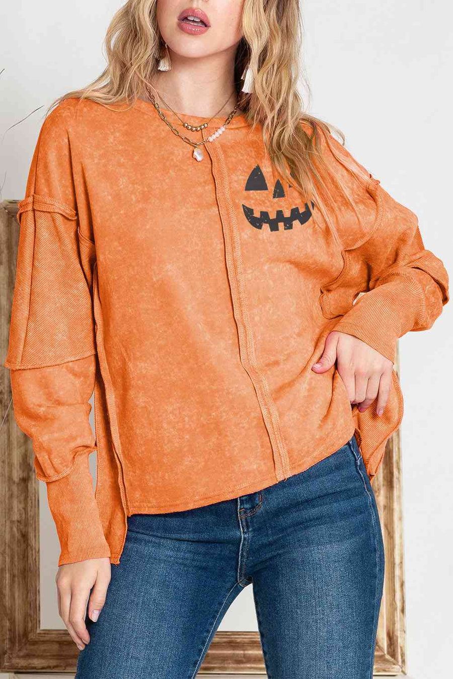 Round Neck Long Sleeve Jack-O'-Lantern Graphic Blouse - 3IN SMART Shop  #