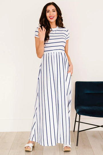 Striped Short Sleeve Crewneck Maxi Dress - 3IN SMART Shop  #