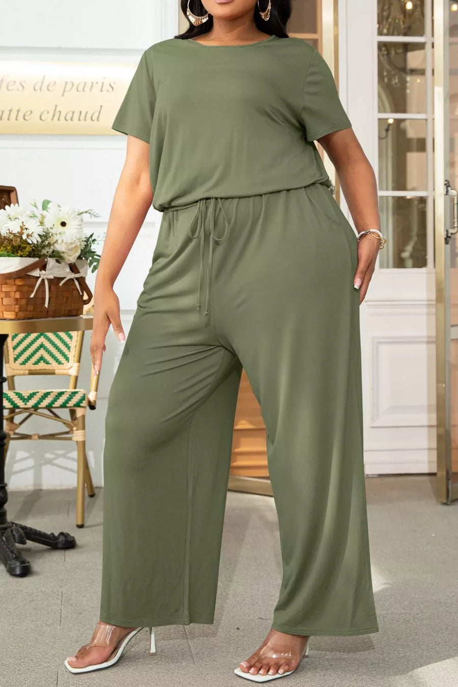 Plus Size Drawstring Waist Short Sleeve Jumpsuit - 3IN SMART Shop  #