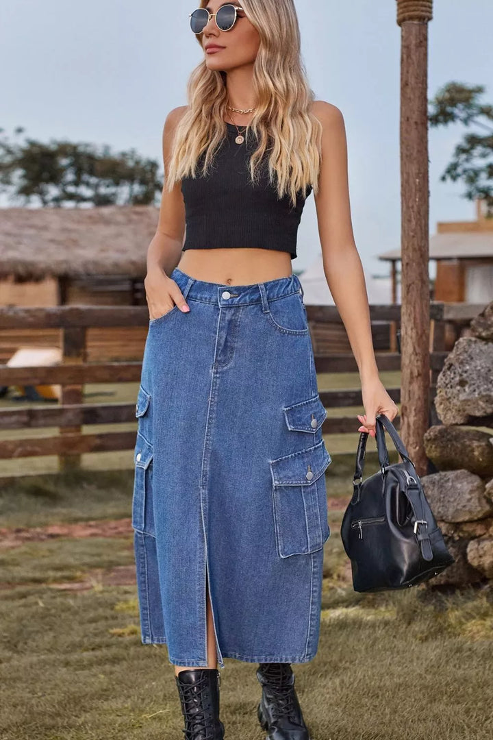 Slit Front Midi Denim Skirt with Pockets - 3IN SMART Shop  #