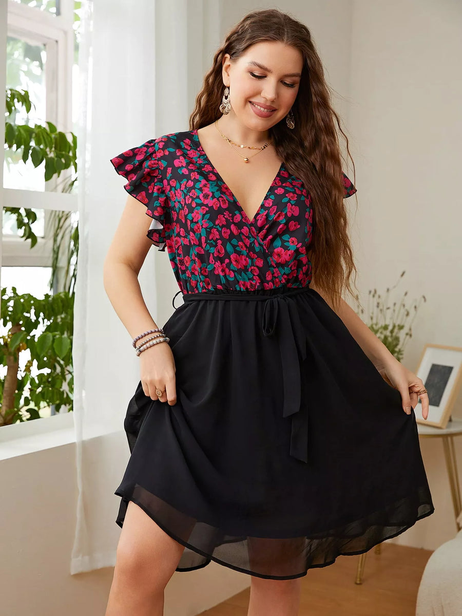 Plus Size Floral Surplice Neck Flutter Sleeve Dress - 3IN SMART Shop  #