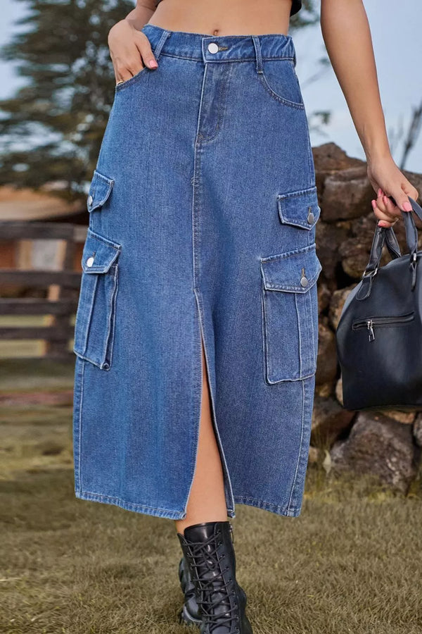 Slit Front Midi Denim Skirt with Pockets - 3IN SMART Shop  #